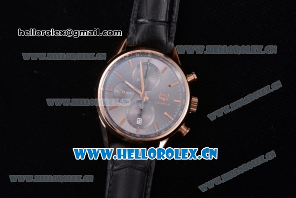 Tag Heuer Carrera Calibre 1887 Swiss Valjoux 7750 Automatic Rose Gold Case with Grey Dial and Stick Markers Black Leather Strap (V6) - Click Image to Close